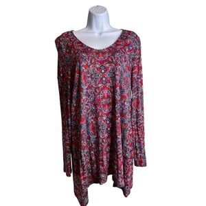 J Jill Women's Red Paisley Print Tunic Top Size M Oversized Boho Coastal Stretch